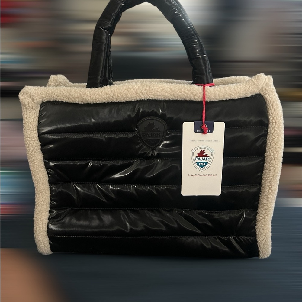 Pajar Black and Cream Quilted Tote with Sherpa Trim